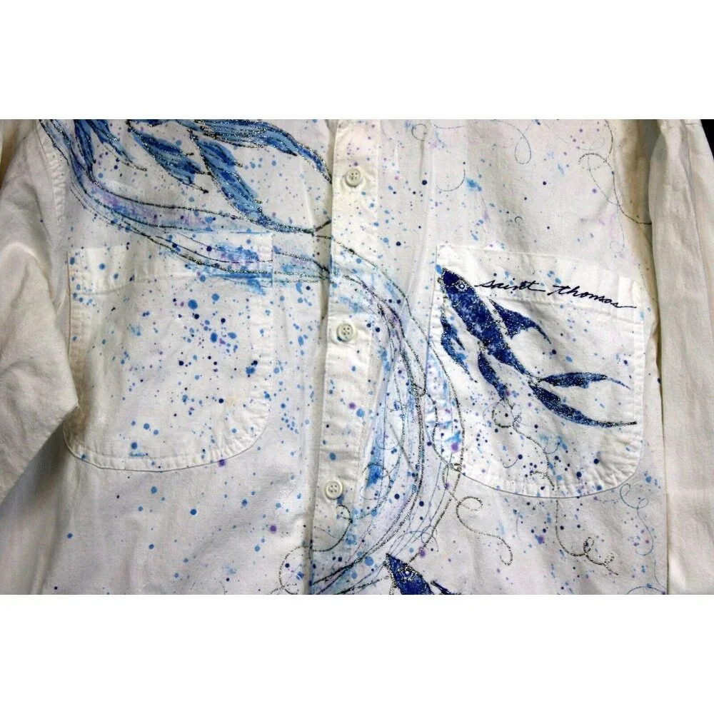 90s Diane St Thomas Hand Painted Shirt Koi Fish Silver Sparkle Splatter Paint - Picture 4 of 14
